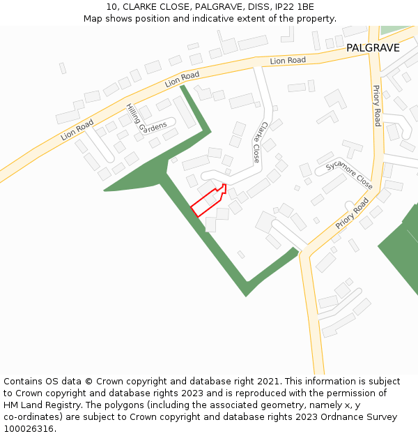 10, CLARKE CLOSE, PALGRAVE, DISS, IP22 1BE: Location map and indicative extent of plot