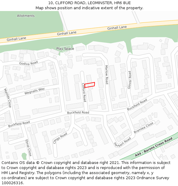 10, CLIFFORD ROAD, LEOMINSTER, HR6 8UE: Location map and indicative extent of plot