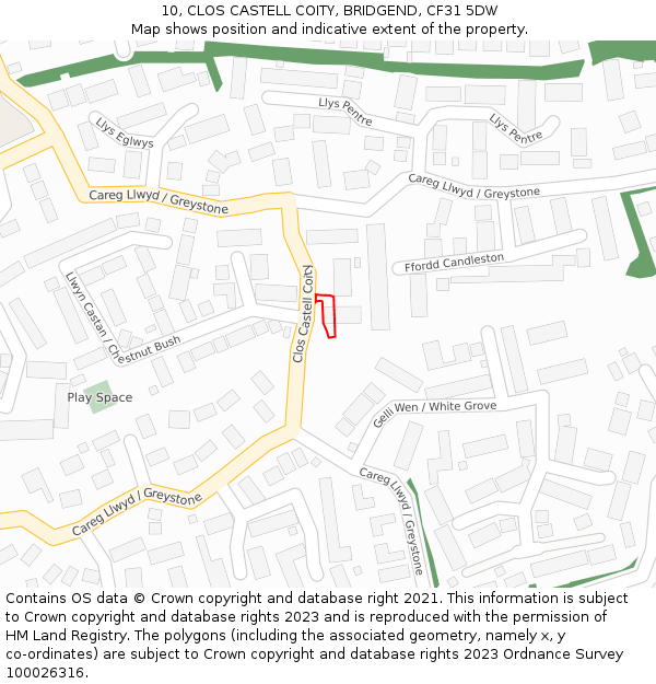 10, CLOS CASTELL COITY, BRIDGEND, CF31 5DW: Location map and indicative extent of plot