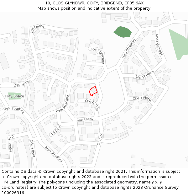 10, CLOS GLYNDWR, COITY, BRIDGEND, CF35 6AX: Location map and indicative extent of plot