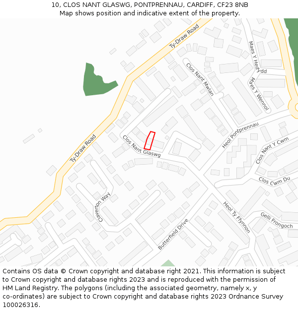 10, CLOS NANT GLASWG, PONTPRENNAU, CARDIFF, CF23 8NB: Location map and indicative extent of plot