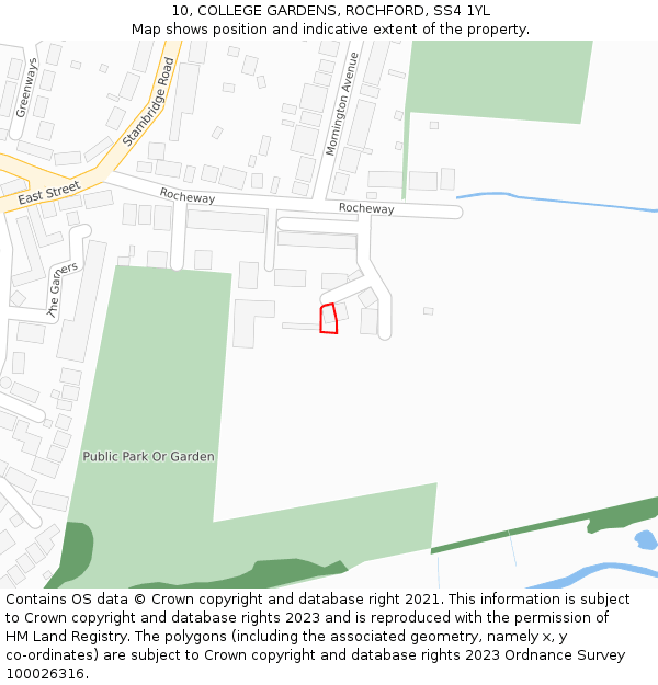 10, COLLEGE GARDENS, ROCHFORD, SS4 1YL: Location map and indicative extent of plot