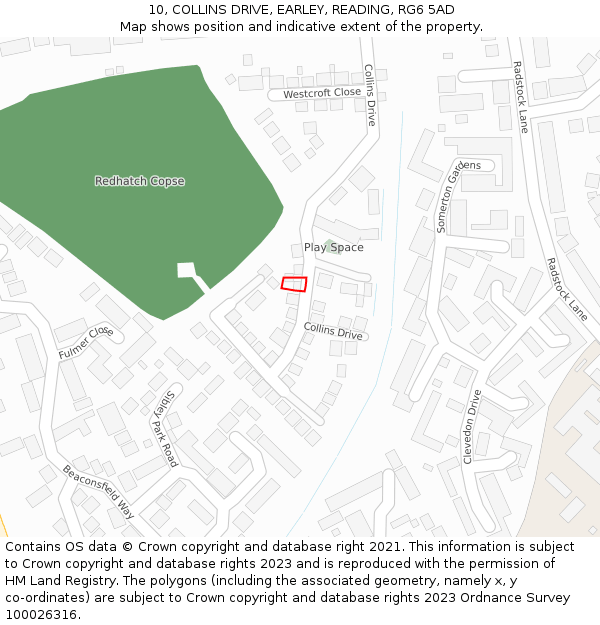 10, COLLINS DRIVE, EARLEY, READING, RG6 5AD: Location map and indicative extent of plot