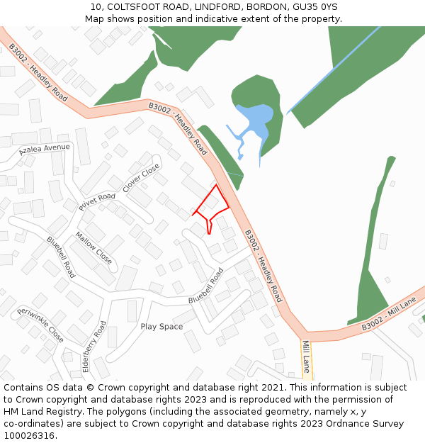 10, COLTSFOOT ROAD, LINDFORD, BORDON, GU35 0YS: Location map and indicative extent of plot