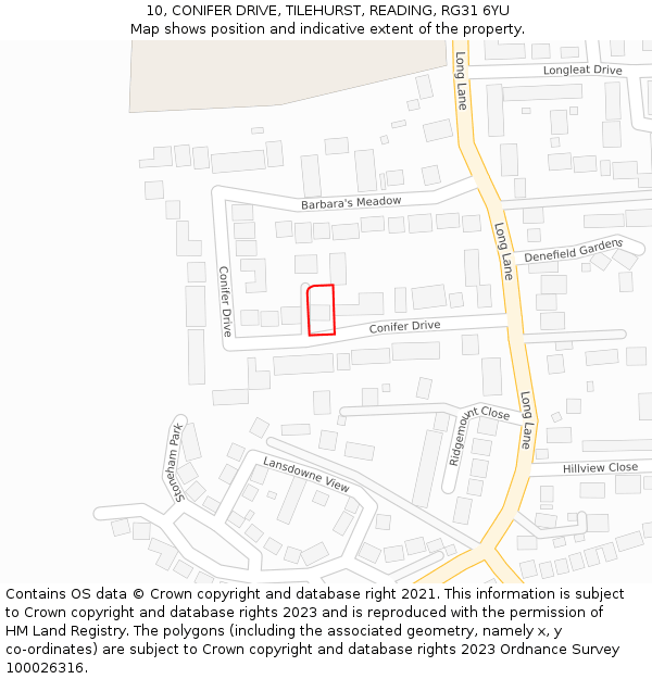 10, CONIFER DRIVE, TILEHURST, READING, RG31 6YU: Location map and indicative extent of plot