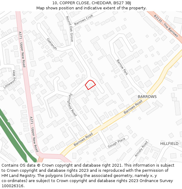 10, COPPER CLOSE, CHEDDAR, BS27 3BJ: Location map and indicative extent of plot