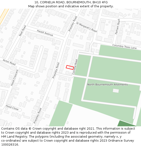 10, CORNELIA ROAD, BOURNEMOUTH, BH10 4FG: Location map and indicative extent of plot