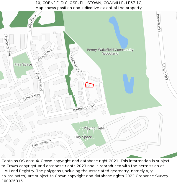 10, CORNFIELD CLOSE, ELLISTOWN, COALVILLE, LE67 1GJ: Location map and indicative extent of plot