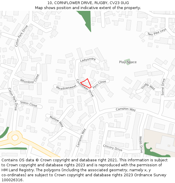 10, CORNFLOWER DRIVE, RUGBY, CV23 0UG: Location map and indicative extent of plot