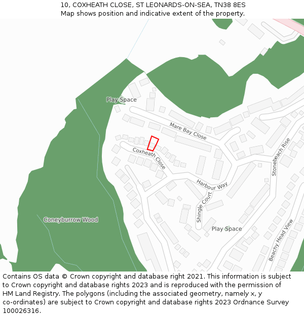 10, COXHEATH CLOSE, ST LEONARDS-ON-SEA, TN38 8ES: Location map and indicative extent of plot