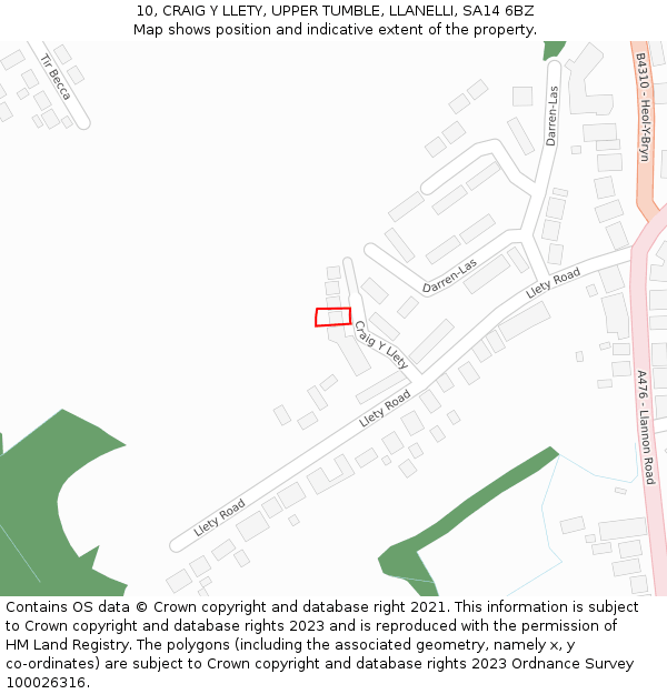10, CRAIG Y LLETY, UPPER TUMBLE, LLANELLI, SA14 6BZ: Location map and indicative extent of plot