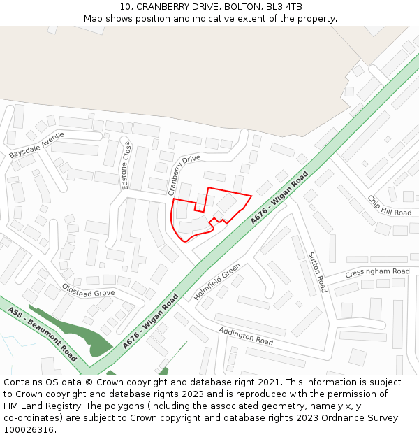 10, CRANBERRY DRIVE, BOLTON, BL3 4TB: Location map and indicative extent of plot