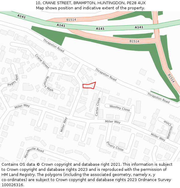 10, CRANE STREET, BRAMPTON, HUNTINGDON, PE28 4UX: Location map and indicative extent of plot
