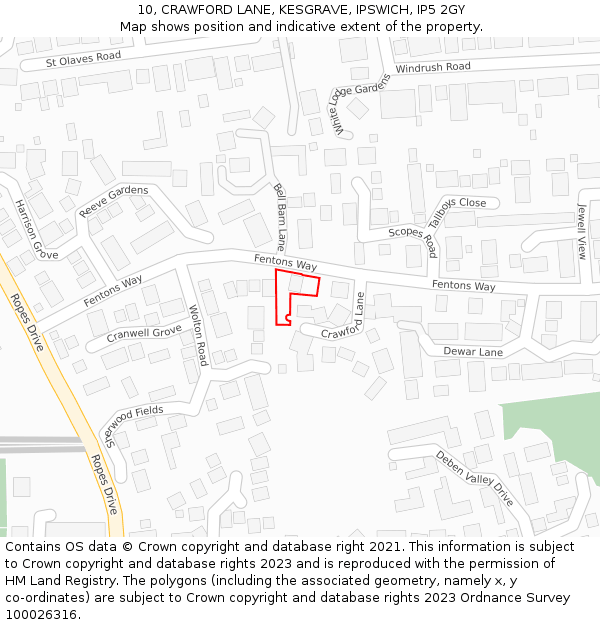 10, CRAWFORD LANE, KESGRAVE, IPSWICH, IP5 2GY: Location map and indicative extent of plot