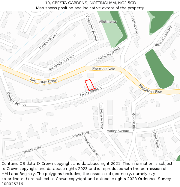 10, CRESTA GARDENS, NOTTINGHAM, NG3 5GD: Location map and indicative extent of plot