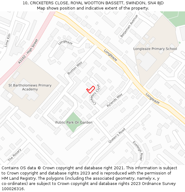 10, CRICKETERS CLOSE, ROYAL WOOTTON BASSETT, SWINDON, SN4 8JD: Location map and indicative extent of plot