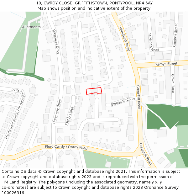 10, CWRDY CLOSE, GRIFFITHSTOWN, PONTYPOOL, NP4 5AY: Location map and indicative extent of plot
