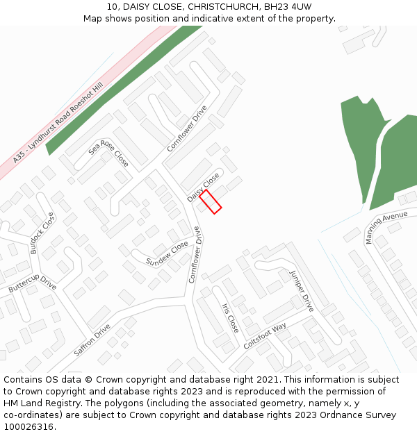 10, DAISY CLOSE, CHRISTCHURCH, BH23 4UW: Location map and indicative extent of plot