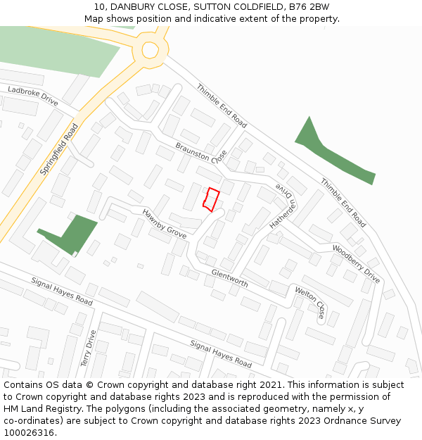 10, DANBURY CLOSE, SUTTON COLDFIELD, B76 2BW: Location map and indicative extent of plot