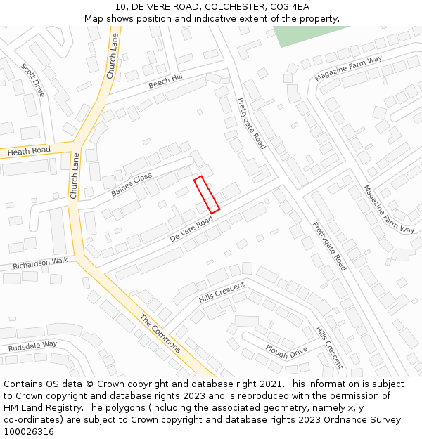 10, DE VERE ROAD, COLCHESTER, CO3 4EA: Location map and indicative extent of plot