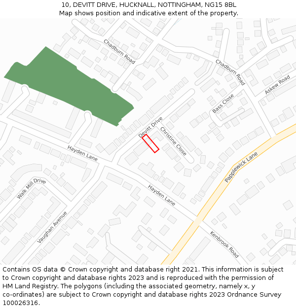 10, DEVITT DRIVE, HUCKNALL, NOTTINGHAM, NG15 8BL: Location map and indicative extent of plot