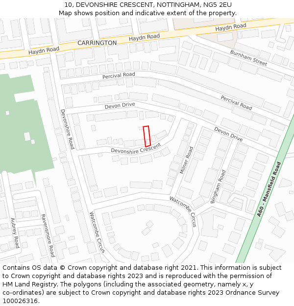 10, DEVONSHIRE CRESCENT, NOTTINGHAM, NG5 2EU: Location map and indicative extent of plot
