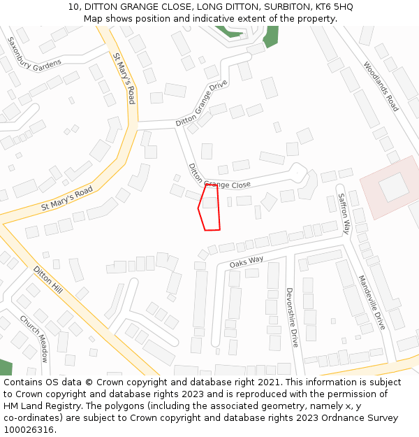 10, DITTON GRANGE CLOSE, LONG DITTON, SURBITON, KT6 5HQ: Location map and indicative extent of plot