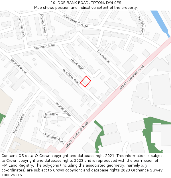 10, DOE BANK ROAD, TIPTON, DY4 0ES: Location map and indicative extent of plot