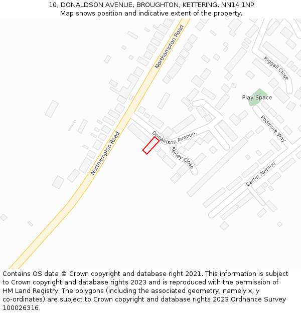 10, DONALDSON AVENUE, BROUGHTON, KETTERING, NN14 1NP: Location map and indicative extent of plot