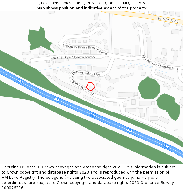 10, DUFFRYN OAKS DRIVE, PENCOED, BRIDGEND, CF35 6LZ: Location map and indicative extent of plot