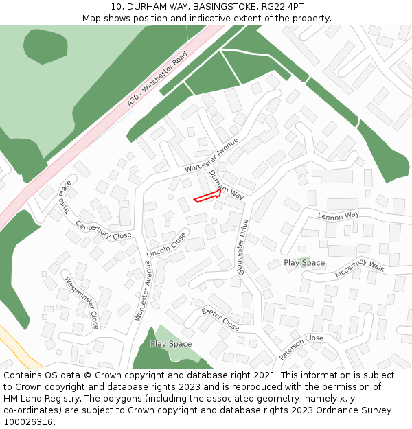 10, DURHAM WAY, BASINGSTOKE, RG22 4PT: Location map and indicative extent of plot
