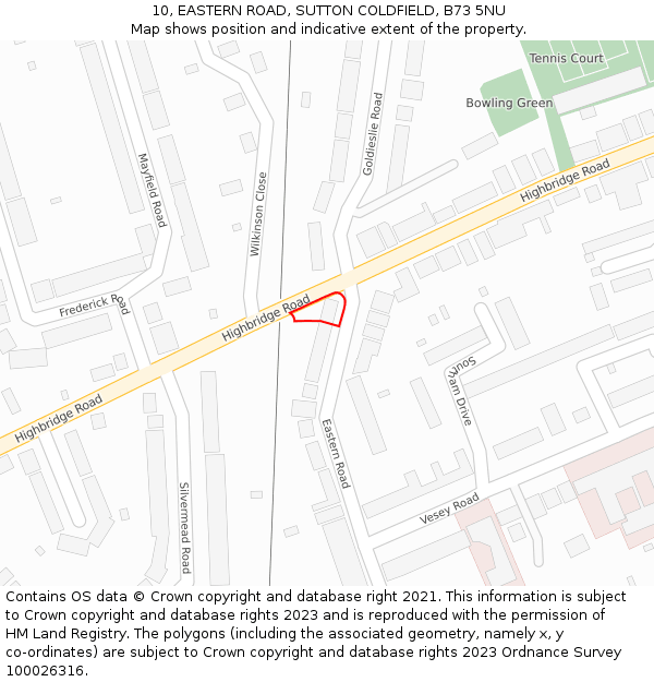 10, EASTERN ROAD, SUTTON COLDFIELD, B73 5NU: Location map and indicative extent of plot