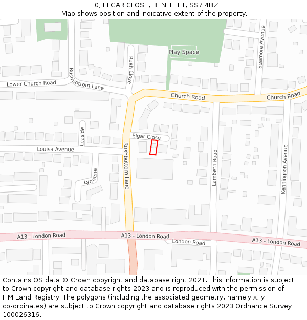 10, ELGAR CLOSE, BENFLEET, SS7 4BZ: Location map and indicative extent of plot