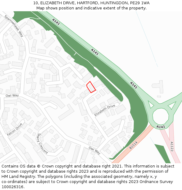 10, ELIZABETH DRIVE, HARTFORD, HUNTINGDON, PE29 1WA: Location map and indicative extent of plot