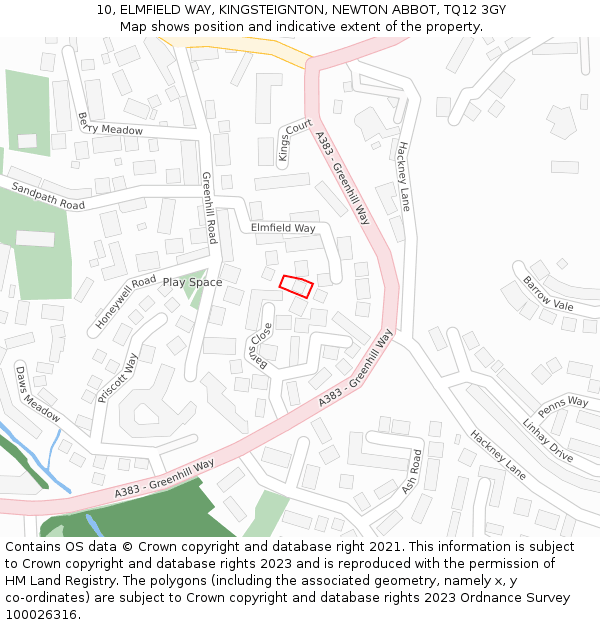 10, ELMFIELD WAY, KINGSTEIGNTON, NEWTON ABBOT, TQ12 3GY: Location map and indicative extent of plot
