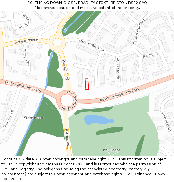 10, ELMING DOWN CLOSE, BRADLEY STOKE, BRISTOL, BS32 8AQ: Location map and indicative extent of plot