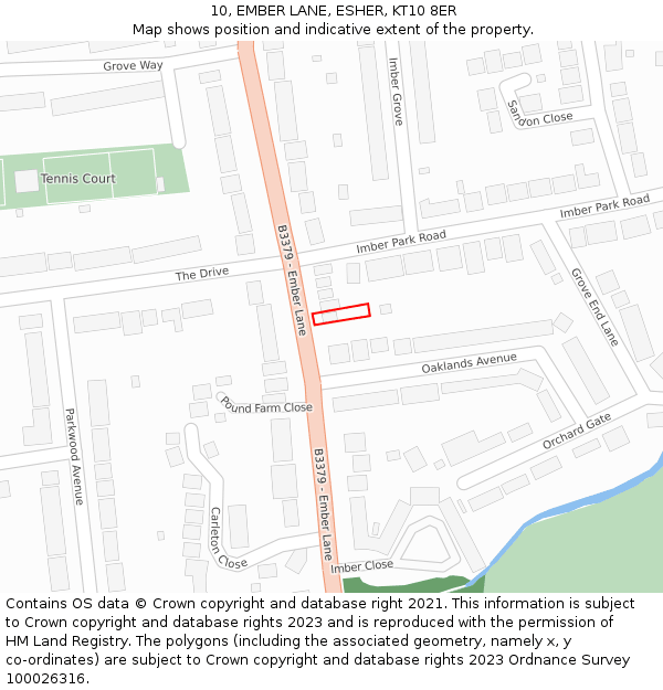 10, EMBER LANE, ESHER, KT10 8ER: Location map and indicative extent of plot
