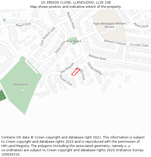 10, ERDDIG CLOSE, LLANDUDNO, LL30 1GE: Location map and indicative extent of plot