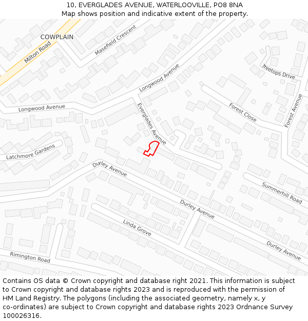 10, EVERGLADES AVENUE, WATERLOOVILLE, PO8 8NA: Location map and indicative extent of plot