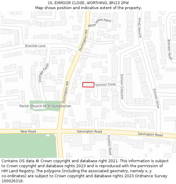 10, EXMOOR CLOSE, WORTHING, BN13 2PW: Location map and indicative extent of plot