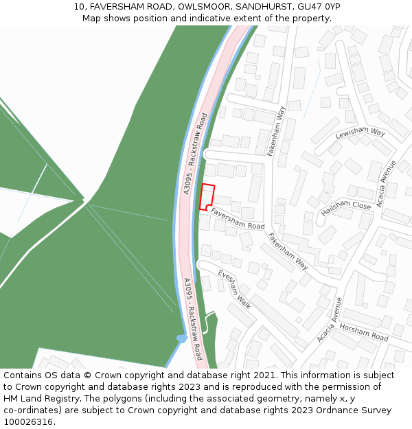 10, FAVERSHAM ROAD, OWLSMOOR, SANDHURST, GU47 0YP: Location map and indicative extent of plot