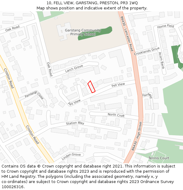 10, FELL VIEW, GARSTANG, PRESTON, PR3 1WQ: Location map and indicative extent of plot