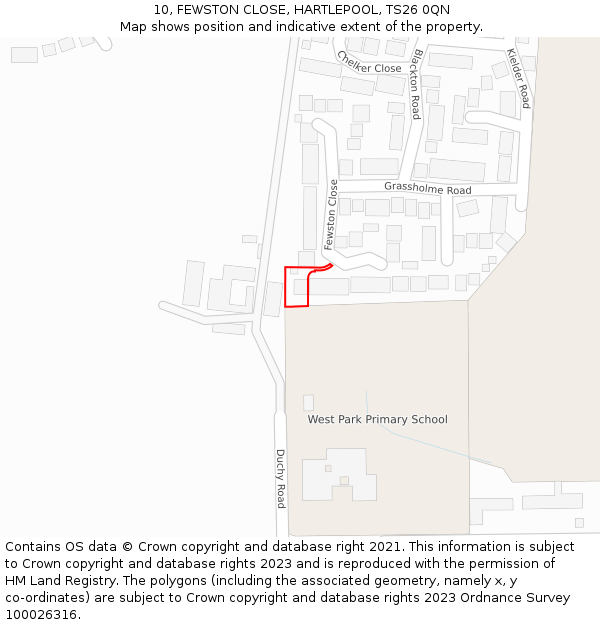10, FEWSTON CLOSE, HARTLEPOOL, TS26 0QN: Location map and indicative extent of plot