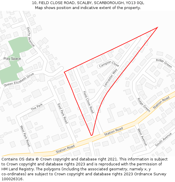 10, FIELD CLOSE ROAD, SCALBY, SCARBOROUGH, YO13 0QL: Location map and indicative extent of plot