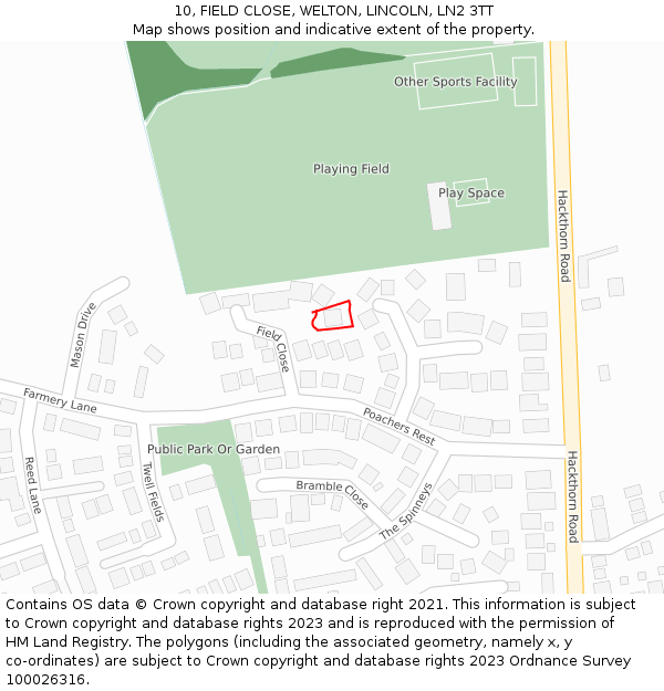 10, FIELD CLOSE, WELTON, LINCOLN, LN2 3TT: Location map and indicative extent of plot