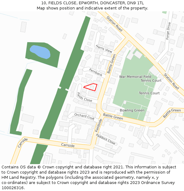 10, FIELDS CLOSE, EPWORTH, DONCASTER, DN9 1TL: Location map and indicative extent of plot