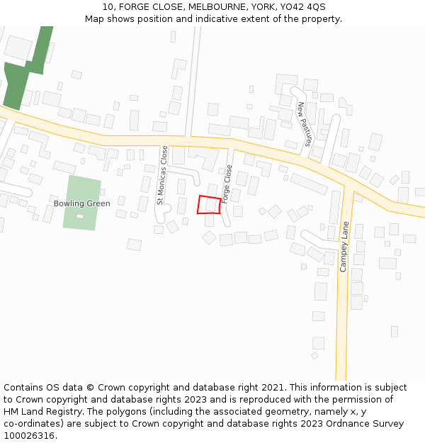 10, FORGE CLOSE, MELBOURNE, YORK, YO42 4QS: Location map and indicative extent of plot