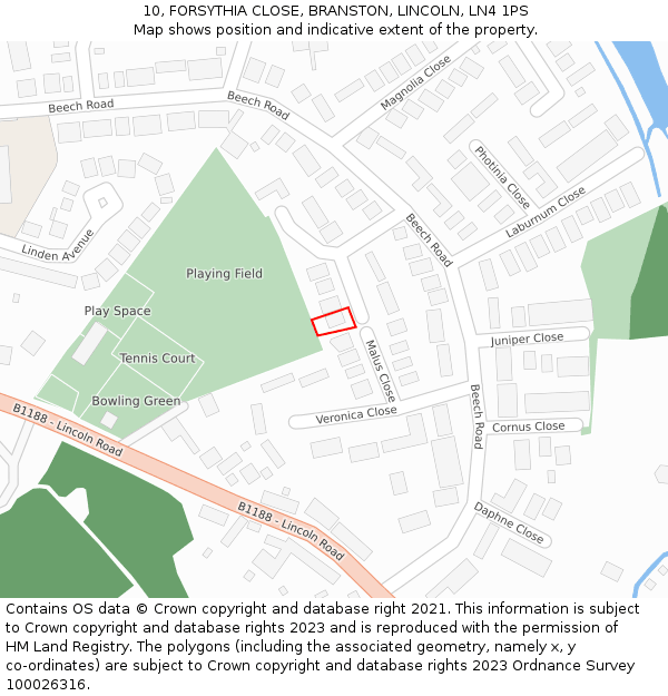 10, FORSYTHIA CLOSE, BRANSTON, LINCOLN, LN4 1PS: Location map and indicative extent of plot