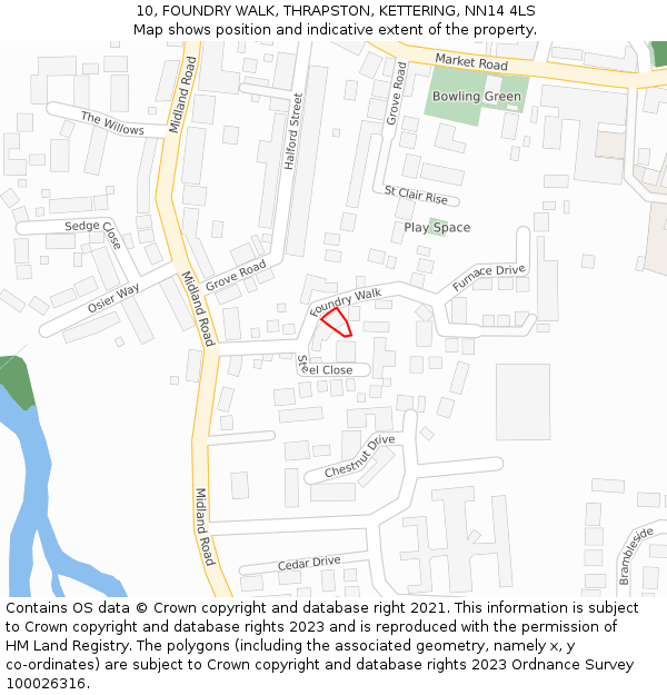 10, FOUNDRY WALK, THRAPSTON, KETTERING, NN14 4LS: Location map and indicative extent of plot