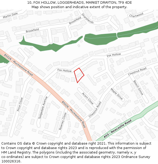 10, FOX HOLLOW, LOGGERHEADS, MARKET DRAYTON, TF9 4DE: Location map and indicative extent of plot